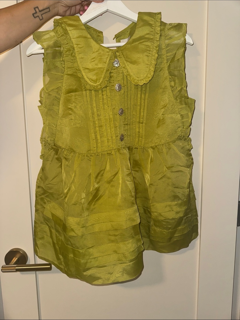 Anthropologie Olive Green Ruffle Collar Sleeveless Blouse
